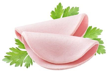 Boiled sausage isolated. Boiled sausage ham slices and parsley isolated on white backgroundの写真素材