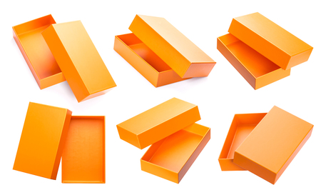 Orange open cardboard box mock up isolated on white background, template for designの写真素材
