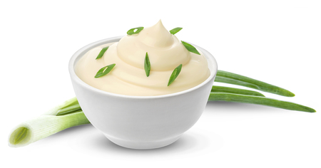 Sour cream with onion isolated on white background with clipping path, one of the collection of various saucesの写真素材