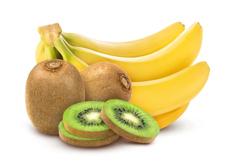 Banana and kiwi isolated on white backgroundの写真素材