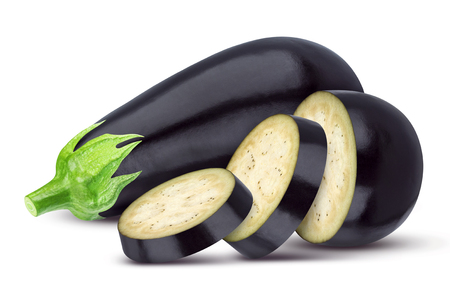 Whole and sliced eggplant isolated on whiteの写真素材