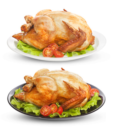 Roasted chicken isolated on white backgroundの写真素材