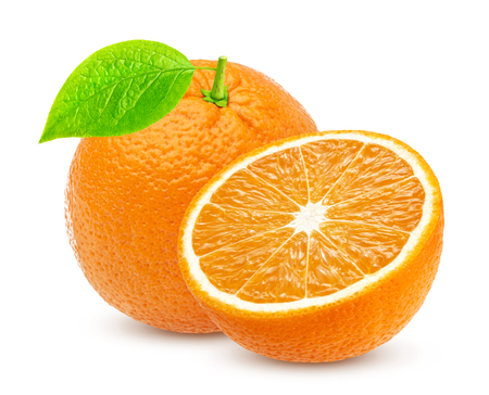 Orange isolated. One whole orange and half isolated on white backgroundの写真素材
