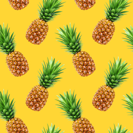 Pineapple seamless pattern on yellow summer backgroundの写真素材