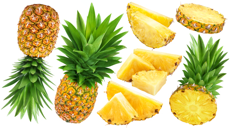 Pineapple collection. Whole and sliced pineapple isolated on white backgroundの写真素材