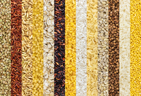 Collection of different groats backgrounds, cereals textures collection. Closeupの写真素材