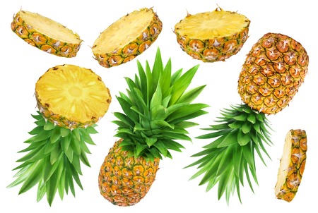 Pineapple collection. Whole and sliced pineapple isolated on white backgroundの写真素材
