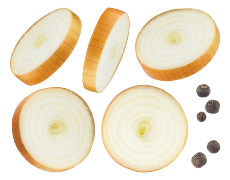 Onion slices and black pepper isolated on white backgroundの写真素材