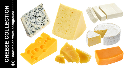 Various types of cheese. Cheddar, parmesan, emmental, blu cheese, camembert, feta isolated on white backgroundの写真素材