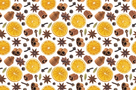 Seamless pattern of christmas spices for decoration. Ingredients for mulled wine isolated on white...