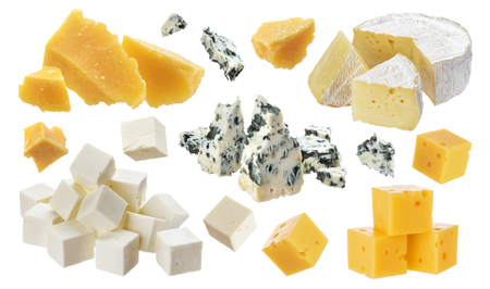 Different pieces of cheese. Cheddar, parmesan, emmental, blu cheese, camembert, feta isolated on white backgroundの写真素材