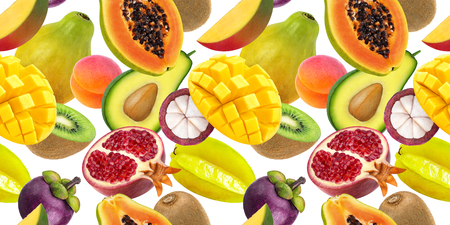 Tropical fruits seamless pattern. Falling exotic fruits isolated on white backgroundの写真素材