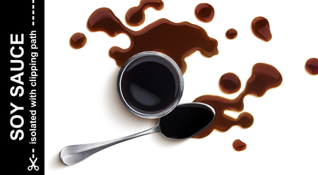 Soy sauce. Splash of soy sauce isolated on white background with clipping path. Top viewの写真素材
