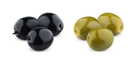 Three green and black olives isolated on white backgroundの写真素材