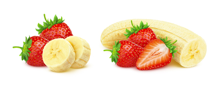 Banana and strawberry isolated on white background with clipping pathの写真素材