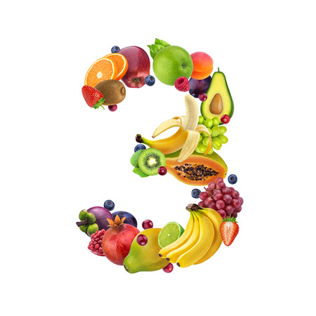Number three made of different fruits and berries, fruit alphabet isolated on white backgroundの写真素材