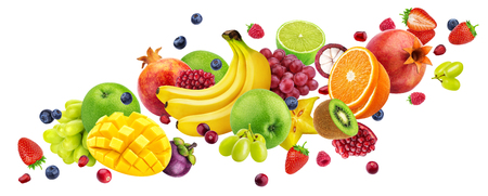 Falling fruit salad isolated on white background with clipping path, flying fruits and berries collectionの写真素材