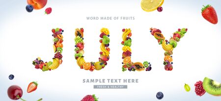 Word JULY made of different fruits and berries, fruit font isolated on white backgroundの写真素材