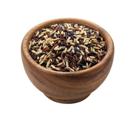 Rice mix in wooden bowl isolated on white backgroundの写真素材