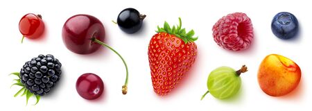 Assortment of different berries isolated on white background, flat lay, top viewの写真素材