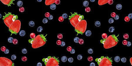 Seamless pattern of flying berries isolated on black background