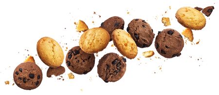 Falling broken chip cookies isolated on white background with clipping path, flying biscuits