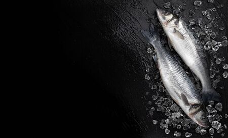 Sea bass fish on ice on black stone background, top view
