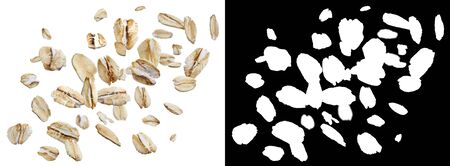 Falling oat flakes isolated on white background with alpha channel
