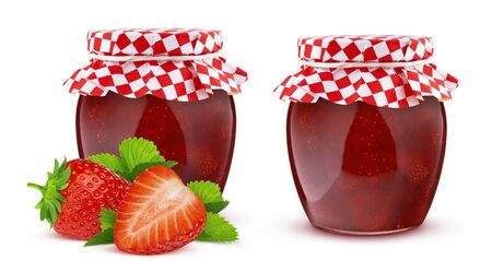 Jar of strawberry fruit jam isolated on white backgroundの写真素材