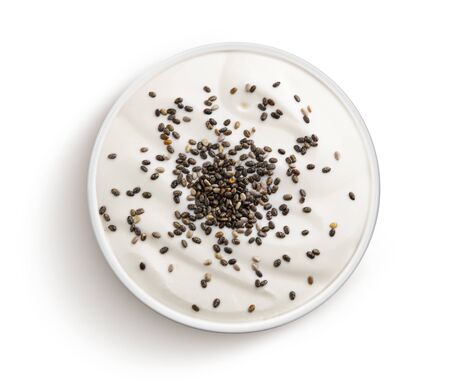Top view of fresh yogurt with chia seeds isolated on white backgroundの写真素材