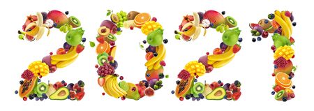 Happy New Year 2021. Number 2021 made of tropical, exotic fruits and berries. Creative typography inscription. Banner design of healthy food ingredientsの写真素材