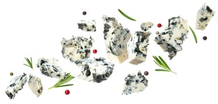Falling danish blue cheese isolated on white backgroundの写真素材