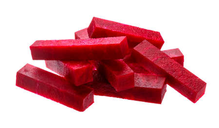 Sliced beet closeup, cut beetroot sticks isolated on white background with clipping path