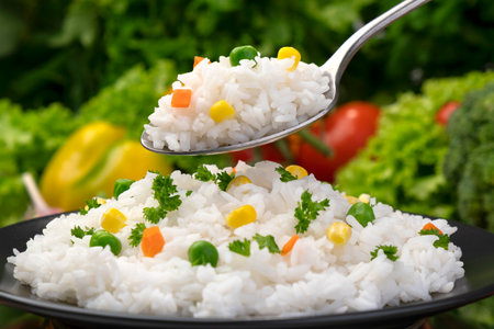 Cooked rice porridge, served with herbs and vegetables on black plateの写真素材