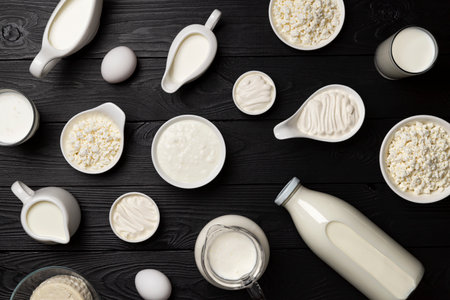 Milk, cottage cheese, sour cream and yogurt, top view, flat layの写真素材