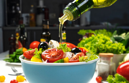 Pouring Olive oil on fresh Vegetable salad, mediterranean cuisine, Greek salad, white table served with healthy food ingredientsの写真素材