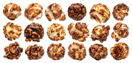 Chocolate popcorn isolated on white backgroundの写真素材