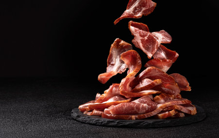 Sliced bacon on black background, raw ham stripsの写真素材