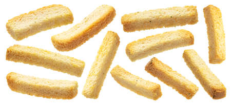 White bread croutons, salted bread sticks isolated on white background