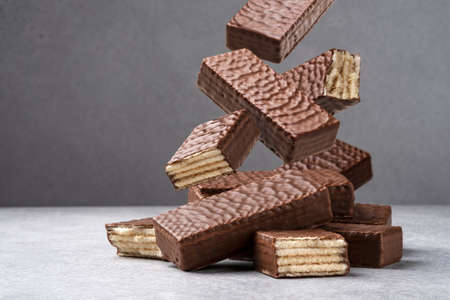 Falling waffle chocolate bar, heap of waferの写真素材