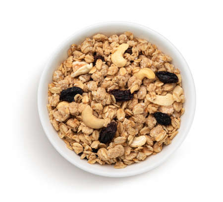 Bowl of granola, crunchy muesli with nuts, top viewの写真素材