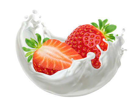 Strawberries with milk splash isolated on white backgroundの写真素材