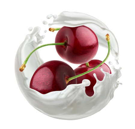 Cherry berries with round milk splash isolated on white backgroundの写真素材