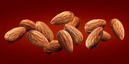 Almond isolated on dark red background, nuts collection, close upの写真素材