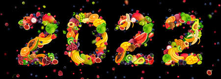 Happy New Year 2022 number made of fruits and berries