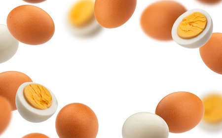 Hard boiled chicken eggs isolated on white backgroundの写真素材