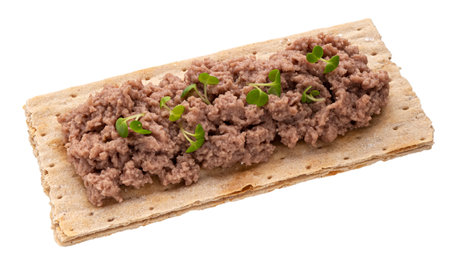 Crispbread with liver pate isolated on white backgroundの写真素材