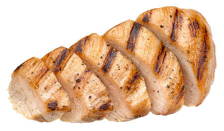 Grilled chicken breast slices isolated on white backgroundの写真素材