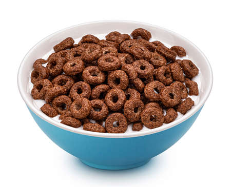 Chocolate corn rings with milk isolated on white backgroundの写真素材