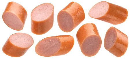Sausage slices isolated on white background, full depth of fieldの写真素材